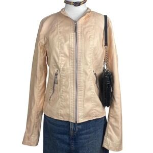 Moto Faux Leather Jacket Women's Medium Cream Y2K 2000s Biker Pinup Vintage